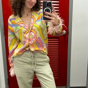 Borgo De Nor Multicolor Patterned Top with Feather Cuffs